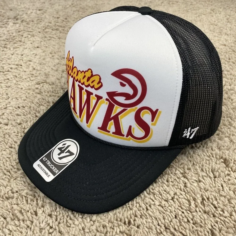 Atlanta Hawks 47 Trucker Hat‎ Foam Snapback White Black Mesh Red Script Logo Cap
